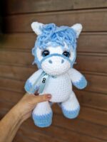 Personalized White Crochet horse with  blue nane Baby Shower Gift, Newborn Keepsake, Symbol of 2026