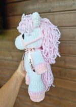 White horse with a gorgeous pink mane, Personalized crochet newborn gift, Symbol of 2026 - Image 2