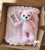 Pink / white set: named teddy and baby blanket
