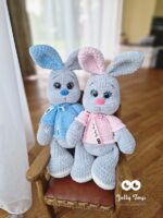 Grey Personalized bunny in blue shirt with Name and Birth Details, Baby Shower Gift - Image 3