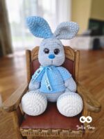 Grey Personalized bunny in blue shirt with Name and Birth Details, Baby Shower Gift