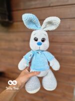 Grey Personalized bunny in blue shirt with Name and Birth Details, Baby Shower Gift - Image 2